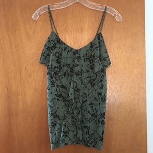 Army green floral ruffle chain-strap tank